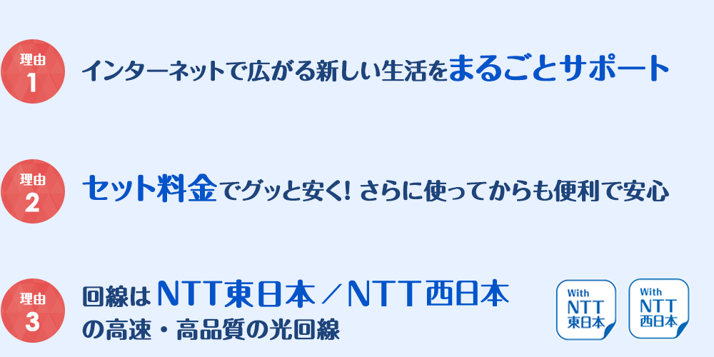 理由１新生活まるごとサポート 理由２セット料金 理由３NTT東日本の高速高品質光回線